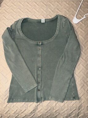 PINK Victoria’s Secret Sage Green Ribbed Long Sleeve Henley Top XL